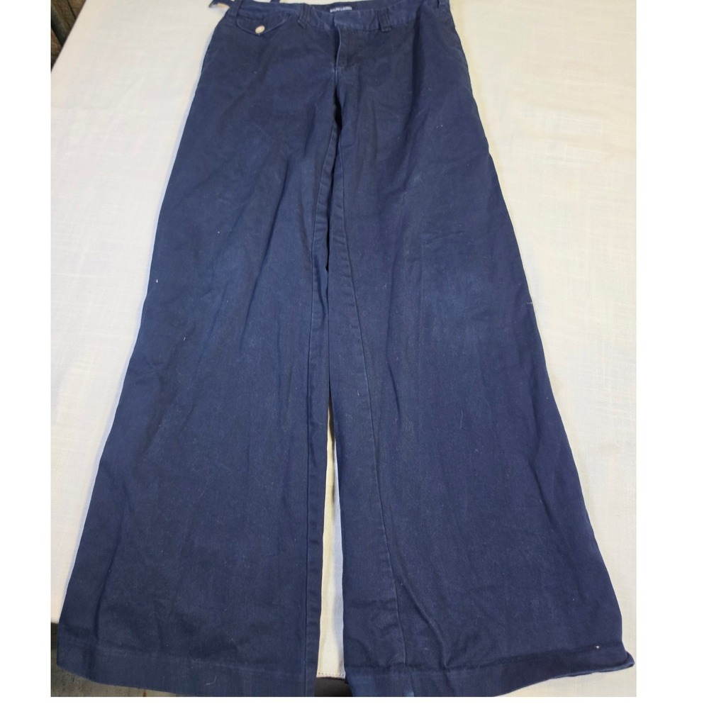Ralph Lauren Girls Navy Blue Cotton Wide Leg Trousers Cinch Waist Size 16